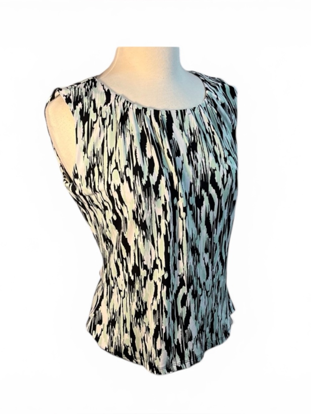 Calvin Klein Abstract Black, Mint Green and White Blouse (small flaw) Lg